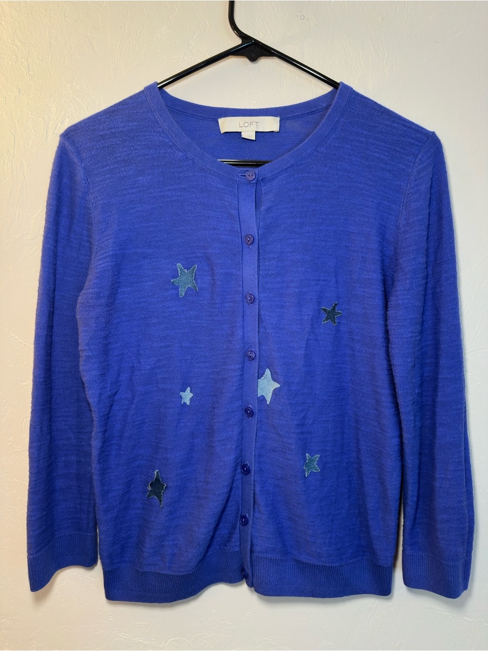 LOFT Whimsical Blue Star Appliqué Button-Front Cardigan MEDIUM